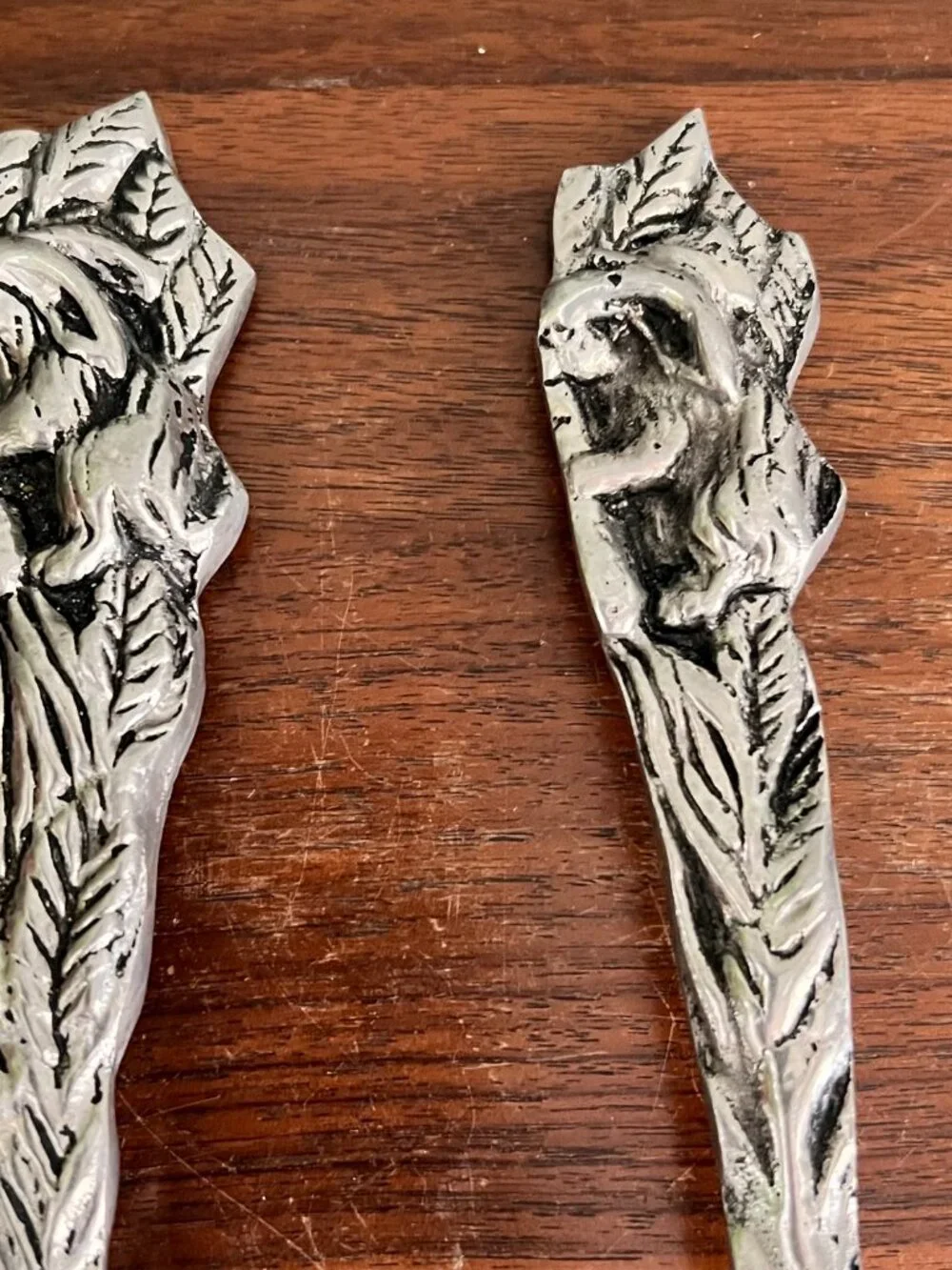 Vintage Bunny Salad Serving Set Cast Aluminum Relief Woodland Rabbits 11”